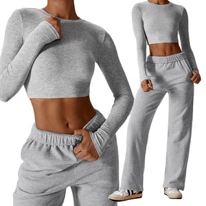 Pantalon de survêtement taille haute pour femme ensemble de joggeurs haut court avec col rond manches longues polaire solide coupe ajustée pour la course décontractée en hiver - Product Image 5