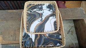 Square Modern Rattan Mother of Pearl Inlaid Food Serving <b>Tray</b> Seashell Coffee Table Vanity Coaster Placemats - Product Image 5