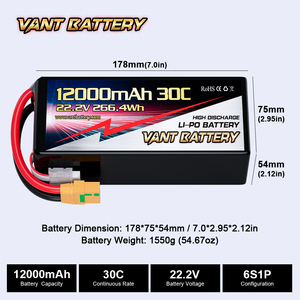 VANT Fpvドローンバッテリー 6Sリポバッテリー 22.2V 12000mAh 30C/50C/100C ドローン用バッテリー 7-8インチ 400-450mm - Product Image 3