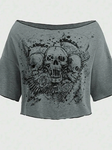 Chemisiers pour femmes toutes saisons, motif tête de mort sauvage, manches courtes, épaules dénudées, chemisiers décontractés, t-shirts, hauts décontractés pour femmes, nouveauté 2025 BZZ4 - Product Image 2