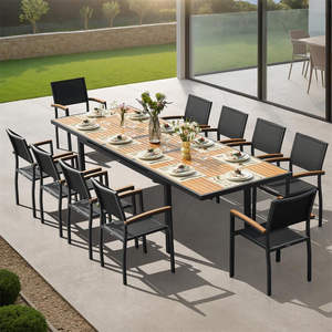 HIGOLD - Juego de Comedor Extensible de Teca Contemporáneo para 10 Personas, Mesa y Sillas Modernas para Exteriores, Poliéster PE Resistente para Jardín - Product Image 1