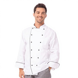 Veste de chef blanche à manches longues pour homme avec bordure et boutons noirs pour usage en restaurant - Product Image 1