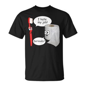 T-shirt retrò con spazzolino da denti e carta igienica 'I Hate My Job' - T-shirt promozionale divertente - Product Image 1