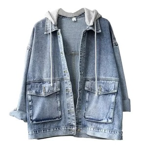 100% coton biologique délavé Denim veste élégante en gros à capuche jean veste décontracté respirant court femme veste - Product Image 6