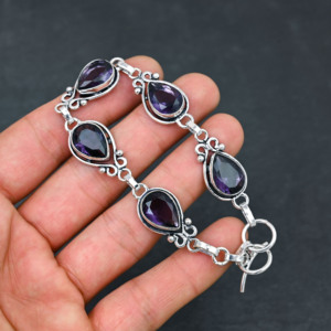 Pulsera de estilo de cadena chapada en plata 925 hecha a mano, amatista púrpura creada en laboratorio, diseño de piedras preciosas, regalo de joyería fina - Product Image 2