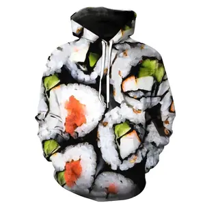 新款男士日本寿司食品3D打印美味图案连帽衫休闲运动服连帽衫儿童上衣