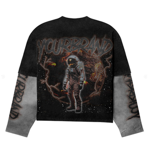 Camiseta de doble capa gráfica de peso pesado, lavado ácido desgastado, impresión DTG, diamantes de imitación, térmica, 100% algodón, camisetas para hombres - Product Image 2