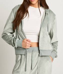 Ensemble 2 pièces : sweat à capuche court zippé en velours et pantalon large, coupe décontractée, streetwear, OEM ODM, marque privée - Product Image 4