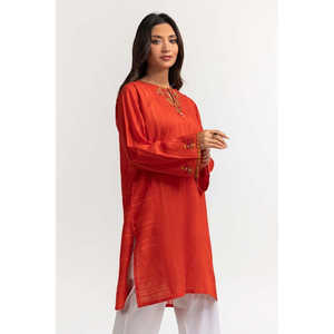 Camisa de mujer con cuello asimétrico, manga kimono, estampado floral a cuadros, bordada, teñida con efecto dobby, talla XL, de gasa, lino y punto, color naranja. - Product Image 1