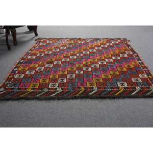 Tapis Kilim en laine rouge traditionnelle 5.2x6.8 pieds grande surface zone Rectangle turc Patchwork motif de couloir abstrait 10mm Latex - Product Image 5