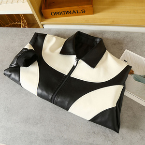 Blouson en cuir de style moto vintage automne-hiver pour homme Noir et blanc Couleur assortie Style vintage à la mode - Product Image 3