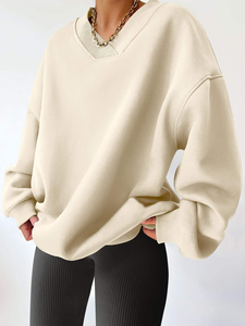 Sudadera Holgada de Cuello Redondo Beige para Mujer, Estilo Casual, con Bordado 3D, Mangas Largas de Felpa Suave, Cómoda y Elegante - Product Image 2