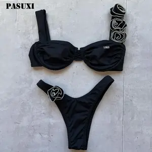 PASUXI New Solid Color Bikinis Triangle Cup Sexy Strap Thong Bikini 2 Pieces Swimsuit Women Swimwear Beachwear