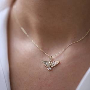 Colgante de pájaro Fénix de oro de 18 quilates, collar de pájaro de fuego, Diamante de laboratorio, simurgh, amuleto de buena suerte, cadena de capas, regalo de joyería de moda para ella - Product Image 2