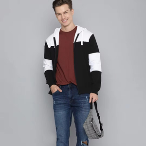 Sudadera con capucha corta de algodón 100% de alto gramaje con cremallera completa para hombre, bicolor, con logo personalizado, OEM, estilo urbano, al por mayor - Product Image 1