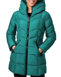 Customized Women Long Quilted Puffer Jacket Dark Olive Green Hooded Lightweight Winter Coat With Zipper <b>For</b> Casual Outdoor Wear - Product Image 1