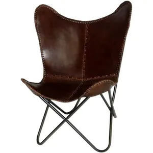 Silla de cuero con diseño de mariposa para sala de estar, sillón de cuero marrón hecho a mano con recubrimiento en polvo, plegable