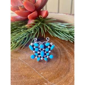 Navajo Kingman Turquoise & Sterling <b>Silver</b> <b>Statement</b> Butterfly Cluster <b>Ring</b> Bezel Setting Geometric Pattern Size 7 Everyday Wear - Product Image 1