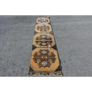 Turkish Vintage Rug, 2.2x11.3 ft Runner Rug, <b>Brown</b> Yellow Moroccan <b>Wool</b> Rug - Product Image 1