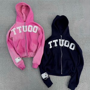 เสื้อฮู้ดแนวสตรีทของผู้ชายเสื้อวินเทจผ้า100% ความเป็นกรดสองชั้นซีดจางไปจากแสงแดดผ้าฝ้ายไม่มีเชือกรูดซิปขนแกะว่างเปล่า - Product Image 6