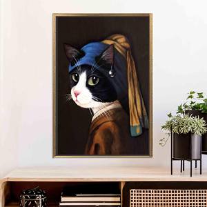 Elegante Gato con Pendientes de Perlas, Impresión en Lienzo, Decoración Moderna, Lienzo con Marco Dorado - Product Image 1