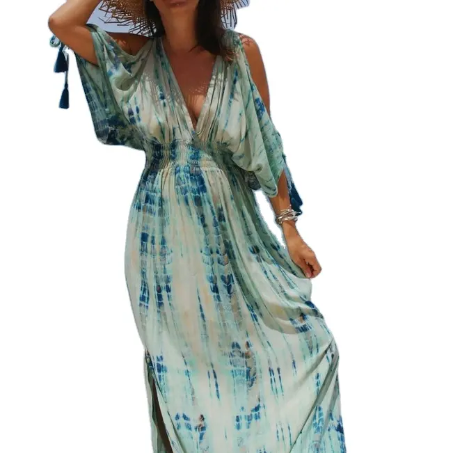 Elegant 100% Rayon Women Bohemian Beach Hand Tie Dye Long Maxi Length Summer Vacation Resort Wear Clothing Dresses