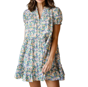 Vente chaude mode déclaration femmes blanc et bleu court imprimé fleuri robe pour la plage fête porter de l'inde - Product Image 1