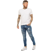 Jean slim en coton pour homme, coupe ajustée, avec fermeture éclair personnalisée, patchs en cuir déchirés, coutures, délavage vieilli, style pantalon crayon, rivets, OEM