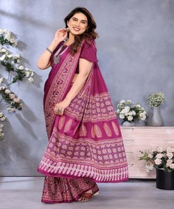 MODERNO SEMI GAJI AJRAKH LAGDI TRABAJO SAREE CON BLUSA DESCOSTADA ROPA DE BODA PRECIO AL POR MAYOR ROPA ÉTNICA PÚRPURA - Product Image 3