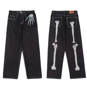 Benutzer definierte schwarze Skelett bestickte Baggy Jeans Mann Loose Wide Leg Mode Casual Denim Straight Fit Jeans Männer