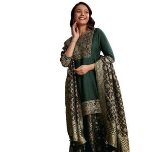 Vestito Palazzo di seta verde con ricamo pesante all'ingrosso donna abbigliamento etnico OEM fabbrica fornitore di massa di moda personalizzata - Product Image 4