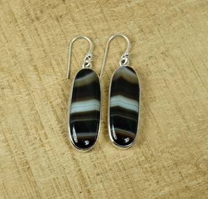 Boucles d'oreilles en argent sterling 925 avec pierre précieuse ovale longue en agate noire, bijoux faits à la main, cadeau de mode pour femmes - Product Image 2