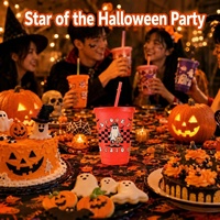 Gobelet en plastique 16oz à logo personnalisé, motif Sugar Skull et paillettes, pour le Jour des Morts et Halloween, réutilisable, avec couvercle et paille, vente en gros usine