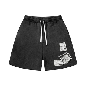 Vintage Distressed Embroidered Patch Cotton <b>Shorts</b> for <b>Men</b> High Street Acid Wash Seamless Elastic Waist Digital Hot Eco-Friendly - Product Image 1