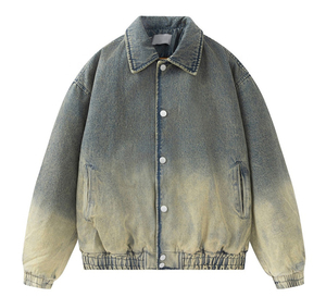 Chaqueta bomber vaquera personalizada lavada con ácido Vintage para hombre, ropa de calle bordada de retazos con cremallera para tela de lona acabada de primavera - Product Image 1