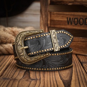 เข็มขัดหนังแท้คลาสสิกวินเทจแบบตะวันตกเข็มขัดวัวสีน้ำตาลดำพร้อมหัวเข็มขัดวัวสีเงิน - Product Image 3