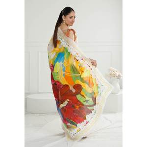 Sari de 3 piezas sin coser con encaje decorado e impresión digital, tela transpirable Denting Lawn SR-52009 - Product Image 6