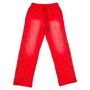 Pantalon de jogging évasé 100% coton pour homme Broderie délavée à l'acide avec impression complète Fermeture à la taille élastique en strass - Product Image 4