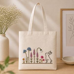 Bolso Tote de Lona de Algodón Hecho a Mano Priglob Exim Fashion con Bordado de Letras, Conejos y Flores, Correa para el Hombro, Gran Capacidad - Product Image 5