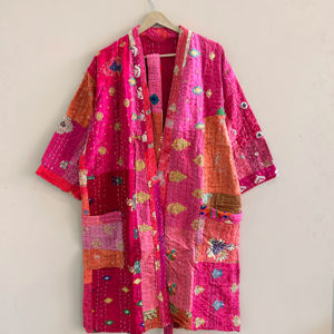 Silk Kantha Patchwork <b>Kimono</b> <b>Robe</b> Vintage Handmade Patola Silk Duster Jacket - Product Image 1