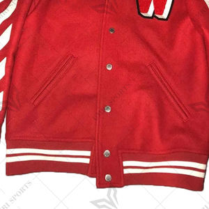 Chaqueta universitaria de lana roja para hombre con mangas a rayas blancas Chaqueta de bombardero universitaria de estilo Letterman con parche de chenilla y dobladillo acanalado - Product Image 6