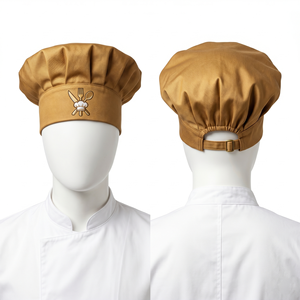 Men Chef Cap Cotton Twill 200 GSM Khaki Golden Brown Multi Panel Pleated Adjustable Back Buckle Custom Logo 3D Puff Embroidery - Product Image 1