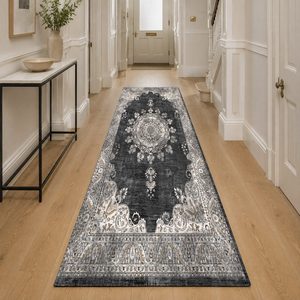 Tapis de salon en chenille antidérapant, gris anthracite, motif médaillon traditionnel imprimé numériquement, lavable en machine, vente en gros - RUGS DEPOT LXDP-0165 - Product Image 5