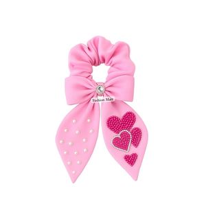 Scrunchie fait main pour la Saint-Valentin avec des perles, motif floral et cœur, nœud rose, accessoire pour cheveux - Product Image 1