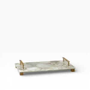 Plateau de service ovale en agate naturelle gris et blanc de qualité supérieure avec centre en cristal poli et poignées en forme de branche dorée sculptée - Product Image 4