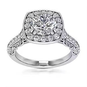 Bague de fiançailles de mariage en or blanc massif 14K Original Halo Set Three Side Pave Moissanite Diamond Fine Rings - Product Image 3