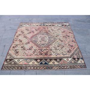 Vintage Rug, 5.1x4.9 ft Turkish Rug, <b>Brown</b> Pink Patchwork <b>Wool</b> Rug - Product Image 4