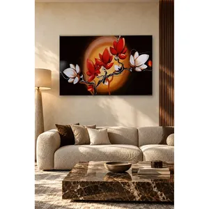 Impression sur toile de magnolias rouges et blancs de Fida devant une lune orange - Product Image 2
