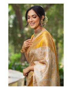 High Quality Heavy Jacquard Silk <b>Sarees</b> with <b>Golden</b> Big Jacquard Weaving Border Indian & Pakistani Clothing - Product Image 4