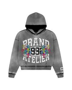 À la mode élégant personnalisé solide plaine sérigraphié conception lavé à l'acide deux pièces ensembles à capuche Shorts ensembles cordon zipup - Product Image 3